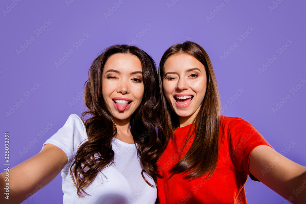 Self-portrait low angle view of two nice sweet lovely attractive Self-portrait low angle view of two nice sweet lovely attractive