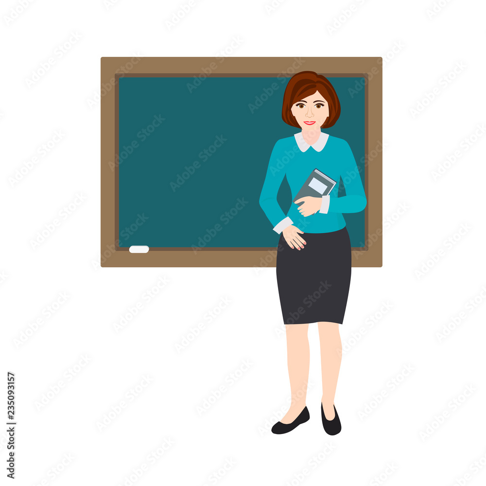 Teacher with book is in front of a school blackboard. Cartoon vector illustration on a white background. Teacher with book is in front of a school blackboard. Cartoon vector illustration on a white background.