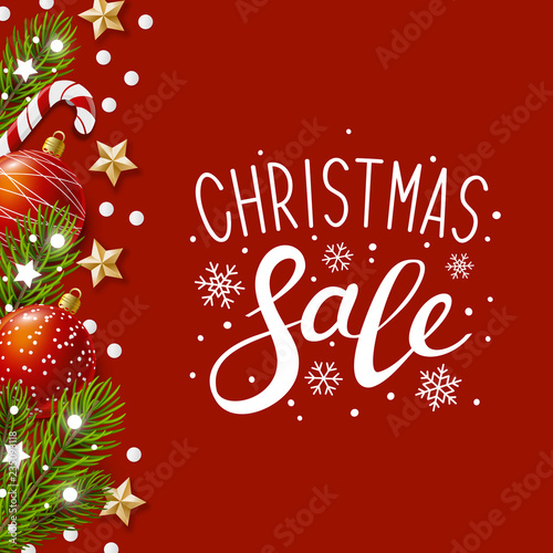 Christmas greeting card with holiday decor on red