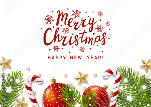 Christmas greeting card with holiday decor on white