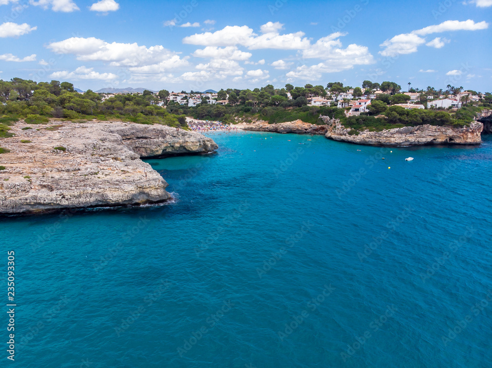 Aerial view, Spain, Balearic Islands, Mallorca, Porto Cristo Novo, Cala Mendia coast with villas and natural harbor
