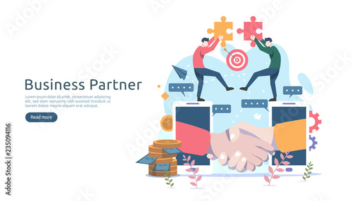 Business partnership relation concept idea with tiny people character. team working partner together template for web landing page, banner, presentation, mockup, social media. Vector illustration