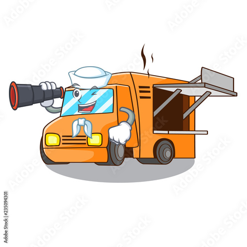 Sailor with binocular food truck festival on shape cartoon