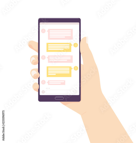 Holding mobile phone . Vector illustration. Social media network. receive messages. Chating and messaging concept. female hand