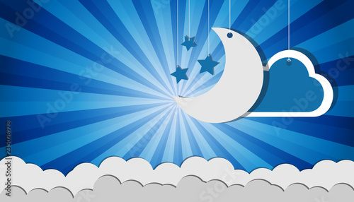 Hanging Moon Stars And Clouds - Vector Icons Over Blue Sunburst Background For Cards And Posters