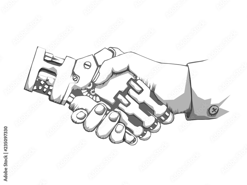 Business human and robot hands shake. Concept future business illustration. Future concept Connection structure. Vector science Business human and robot hands shake. Concept future business illustration. Future concept Connection structure. Vector science