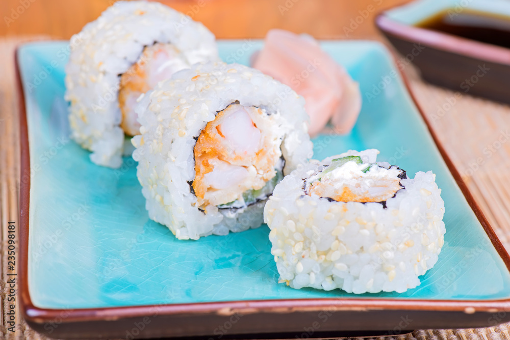 California maki sushi with tempura shrimp California maki sushi with tempura shrimp