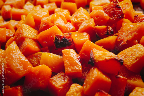 Close up of roasted butternut squash cubes