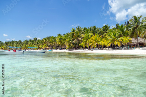 Fototapeta Naklejka Na Ścianę i Meble -  White boat under palm trees on a Caribbean beach. Fishing village
