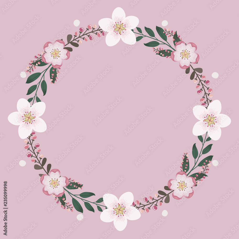 Floral greeting card and invitation template for wedding or birthday anniversary, Vector circle shape of text box label and frame, Pink sakura flowers wreath ivy style with branch and leaves.