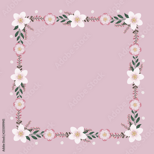 Floral greeting card and invitation template for wedding or birthday anniversary  Vector square shape of text box label and frame  Pink sakura flowers wreath ivy style with branch and leaves.