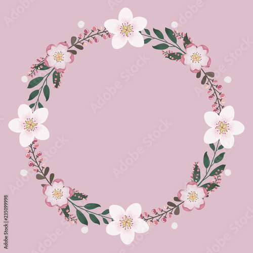 Floral greeting card and invitation template for wedding or birthday anniversary  Vector circle shape of text box label and frame  Pink sakura flowers wreath ivy style with branch and leaves.