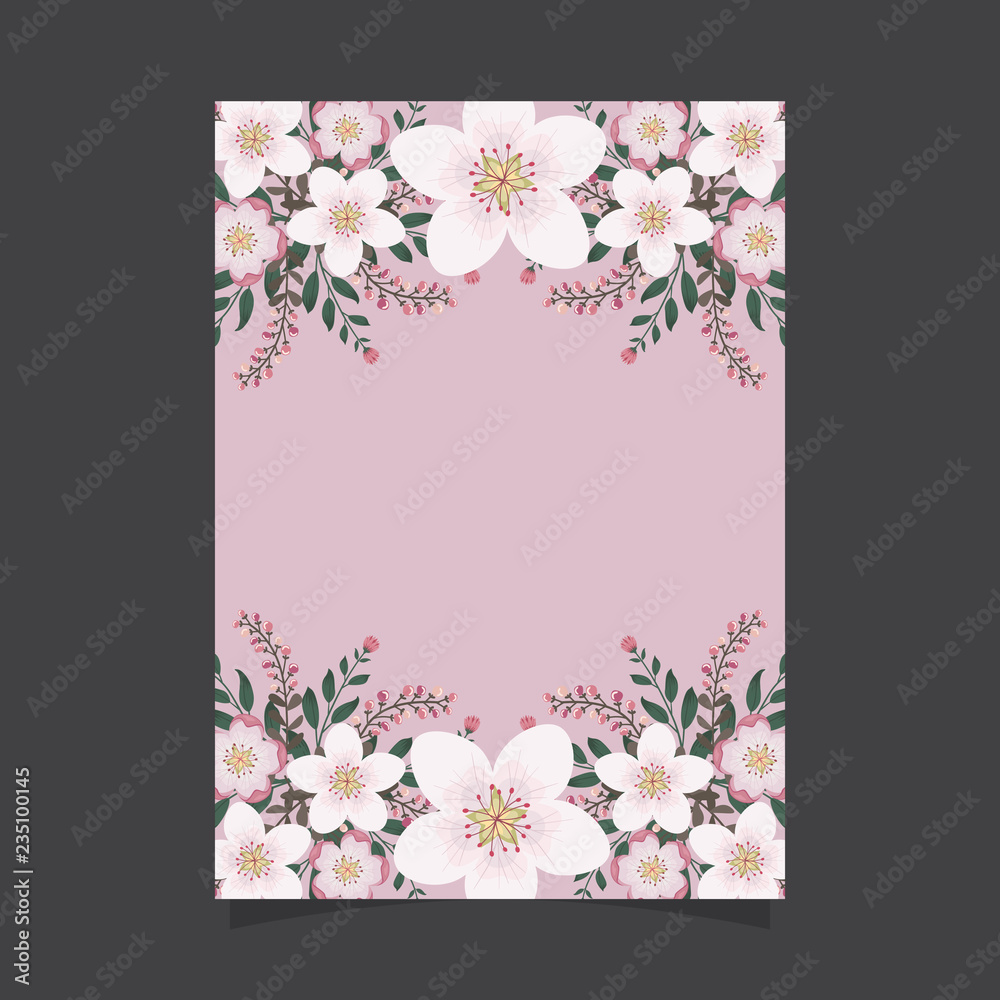 Common size of floral greeting card and invitation template for wedding or birthday anniversary, Vector shape of text box label and frame, Pink sakura flowers wreath ivy style with branch and leaves.