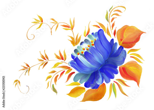 Decorative composition with bright flowers. Traditional Russian Ural-Siberian painting. Illustration, vector on isolated white background