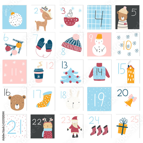 Cute Christmas advent calendar. Holiday graphic. Vector hand drawn illustration.