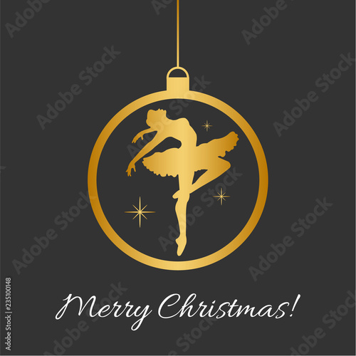 Vector Illustration with Christmas ball, dancing balerina silhouette and Merry Christmas text in black and gold colors. Perfect for greeting cards design, beauty posters, fashion banners. Eps10