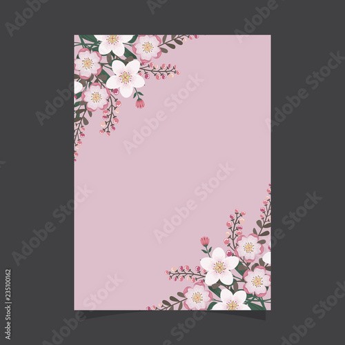 Common size of floral greeting card and invitation template for wedding or birthday anniversary, Vector shape of text box label and frame, Pink sakura flowers wreath ivy style with branch and leaves. © Kobsoft