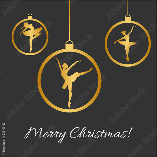 Vector Illustration with Christmas balls, dancing balerina silhouette and Merry Christmas text in black and gold colors. Perfect for greeting cards design, beauty posters, fashion banners. Eps10