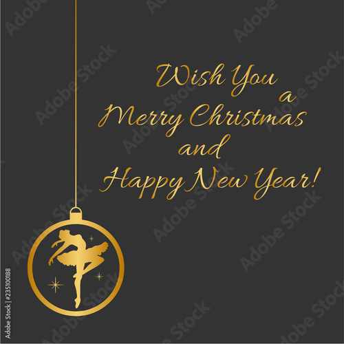 Vector Illustration with Christmas ball with dancing balerina silhouette  in black and gold colors. Perfect for greeting cards design, beauty posters, fashion banners. Eps10