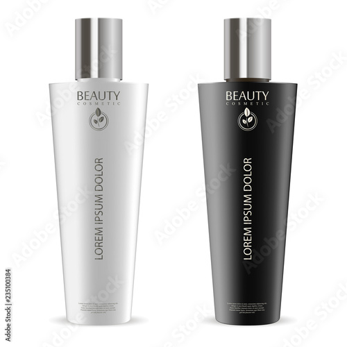 Cosmetic shampoo bottle mockup set. Black and white cosmetic containers with label. 3d package design template.