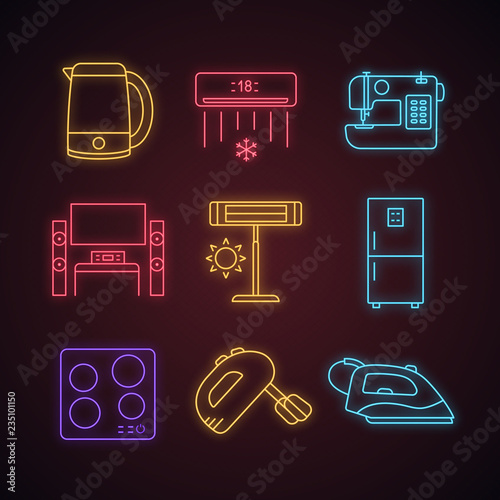 Household appliance neon light icons set