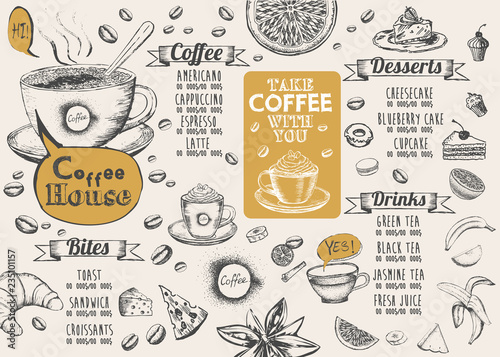 Coffee house menu. Restaurant cafe menu, template design. Food flyer. 