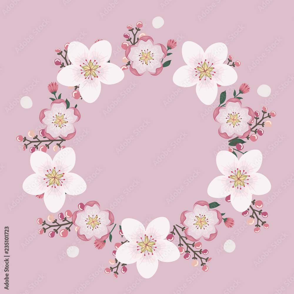 Floral greeting card and invitation template for wedding or birthday anniversary, Vector circle shape of text box label and frame, Pink sakura flowers wreath ivy style with branch and leaves. Floral greeting card and invitation template for wedding or birthday anniversary, Vector circle shape of text box label and frame, Pink sakura flowers wreath ivy style with branch and leaves.