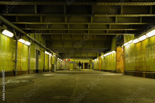 Fototapeta Naklejka Na Ścianę i Meble -  dilapidated railway station in black and white, Dirty hall in the train station, dilapidated Train Station, no people,