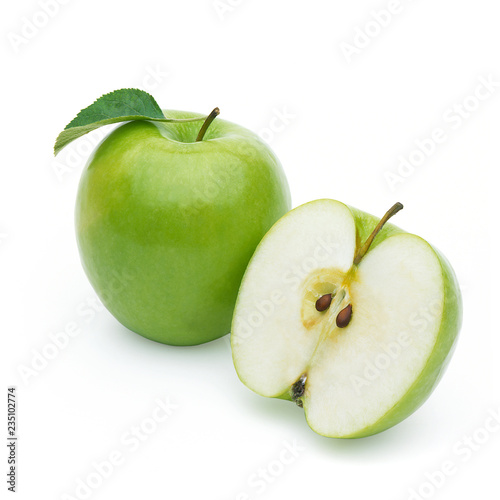 Whole and half green apple with leaf on white background including clipping path including clipping path