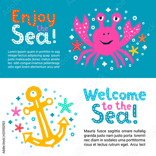 Cutout marine style kids design element paper flyers. Lettering title Enjoy, Welcome to the Sea. Vector EPS 10 funny cartoon doodle background of crab, anchor, starfish