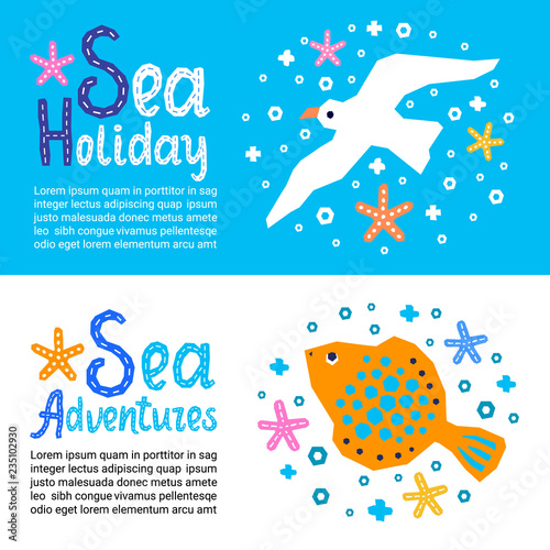 Cutout marine style kids design element paper flyers. Lettering titles Sea Holiday, Adventures. Vector EPS 10 funny cartoon doodle background of fish, starfish, gull