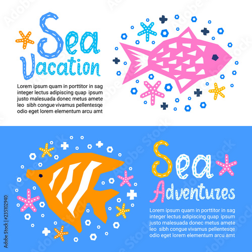 Cutout marine style kids design element paper flyers. Lettering titles Sea Vacation, Adventures. Vector EPS 10 funny cartoon doodle background of fish, starfish