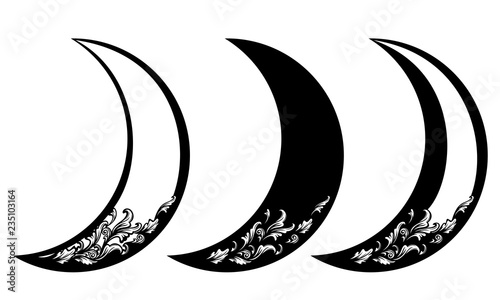 crescent moon with floral ornament pattern - black and white vector design set