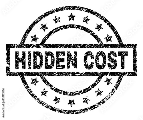 HIDDEN COST stamp seal watermark with distress style. Designed with rectangle, circles and stars. Black vector rubber print of HIDDEN COST caption with dust texture.
