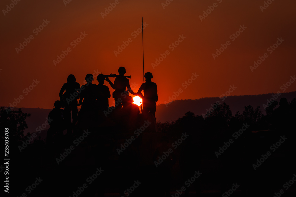 twilight landscape silhouette military on the sunset background