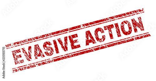EVASIVE ACTION seal stamp with distress texture. Red vector rubber print of EVASIVE ACTION caption with dust texture. Text caption is placed between double parallel lines.