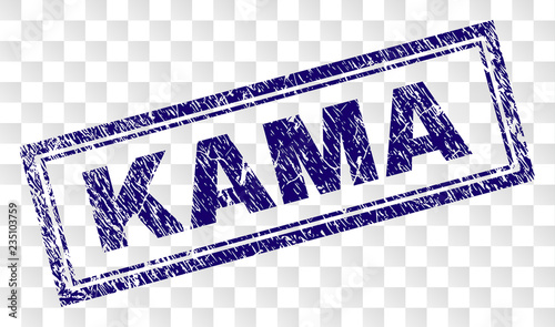 KAMA stamp seal watermark with rubber print style and double framed rectangle shape. Stamp is placed on a transparent background. Blue vector rubber print of KAMA label with unclean texture.