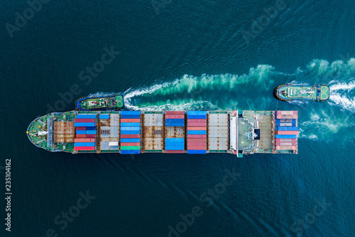 business shipping cargo containers import export and exchange fright ship open sea asia pacific international from Thailand aerial top view