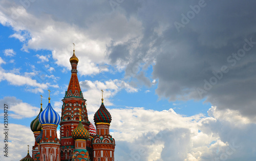  St. Basil cathedral church and historical architecture with cloudy blue sky in Red Square Moscow, Russia
