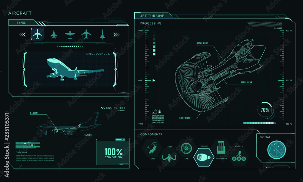 Turbine, airplane, command panel, vector drawing