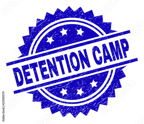 DETENTION CAMP stamp seal watermark with distress style. Blue vector rubber print of DETENTION CAMP tag with corroded texture.