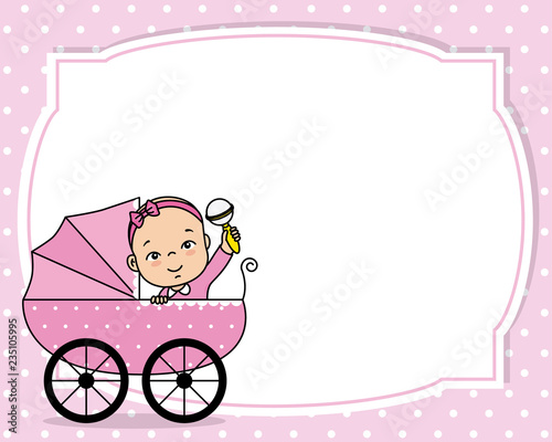 baby girl shower card. baby girl inside the cart. Space for text