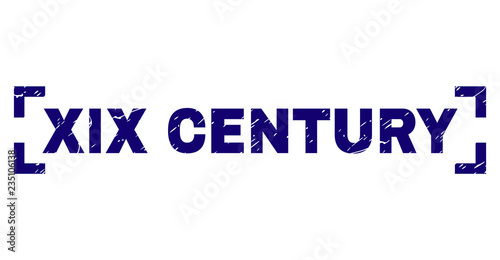 XIX CENTURY title seal watermark with corroded texture. Text title is placed between corners. Blue vector rubber print of XIX CENTURY with grunge texture.
