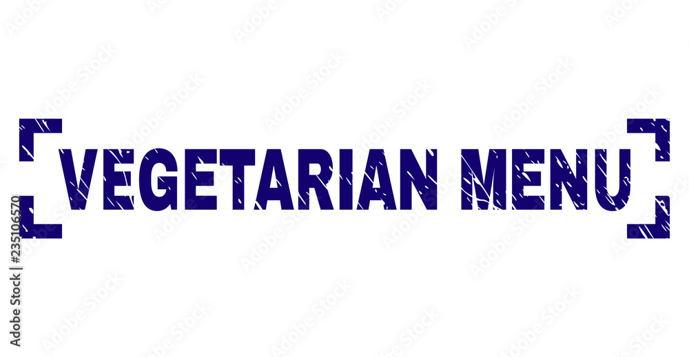 VEGETARIAN MENU label seal stamp with corroded texture. Text title is placed inside corners. Blue vector rubber print of VEGETARIAN MENU with corroded texture.