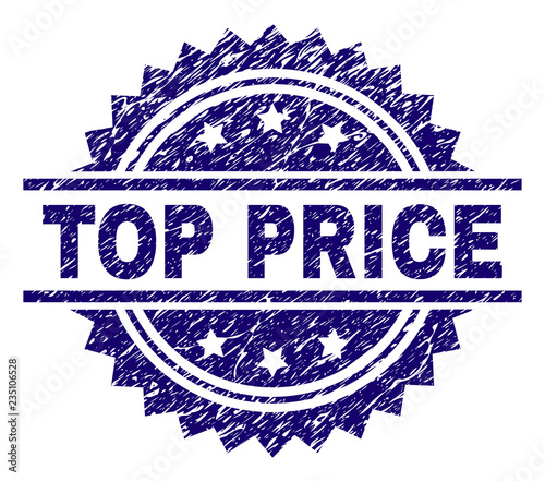 TOP PRICE stamp seal watermark with distress style. Blue vector rubber print of TOP PRICE label with retro texture.