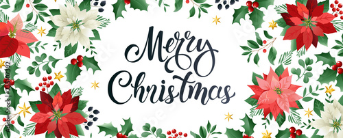 Merry Christmas design composition of poinsettia, fir branches, cones, holly and other plants. Cover, invitation, banner lateral, greeting card. Vector illustration.