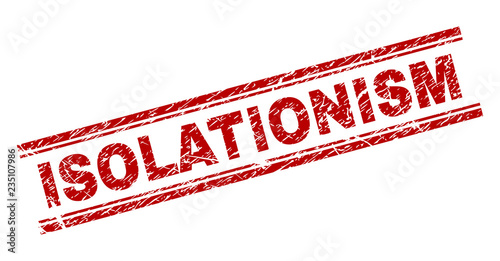 ISOLATIONISM seal print with distress texture. Red vector rubber print of ISOLATIONISM label with corroded texture. Text label is placed between double parallel lines.