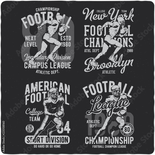 Set of the monochrome labels with the american football player. Illustrations with text compostitions. Ready designs for t-shirts, posters, greeting cards etc.