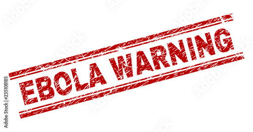 EBOLA WARNING seal print with grunge texture. Red vector rubber print of EBOLA WARNING title with grunge texture. Text tag is placed between double parallel lines.