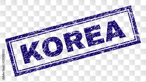 KOREA stamp seal print with rubber print style and double framed rectangle shape. Stamp is placed on a transparent background. Blue vector rubber print of KOREA caption with unclean texture.